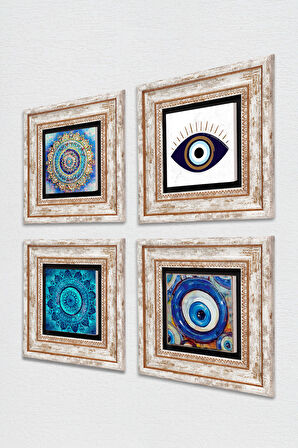 Nazar, Mandala Taş Duvar Tablosu Çerçeveli Duvar Dekoru 4 Parça Tablo Seti Wall Art