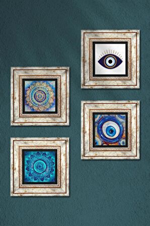 Nazar, Mandala Taş Duvar Tablosu Çerçeveli Duvar Dekoru 4 Parça Tablo Seti Wall Art