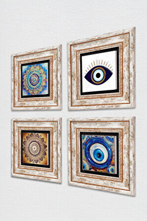 Nazar, Mandala Taş Duvar Tablosu Çerçeveli Duvar Dekoru 4 Parça Tablo Seti Wall Art