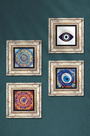 Nazar, Mandala Taş Duvar Tablosu Çerçeveli Duvar Dekoru 4 Parça Tablo Seti Wall Art