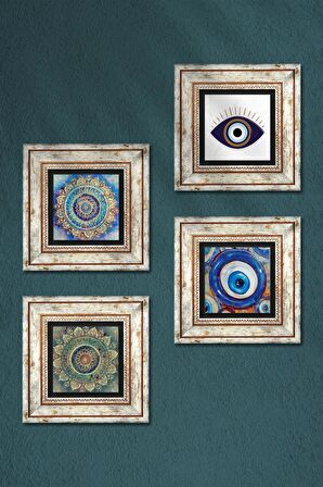 Nazar, Mandala Taş Duvar Tablosu Çerçeveli Duvar Dekoru 4 Parça Tablo Seti Wall Art