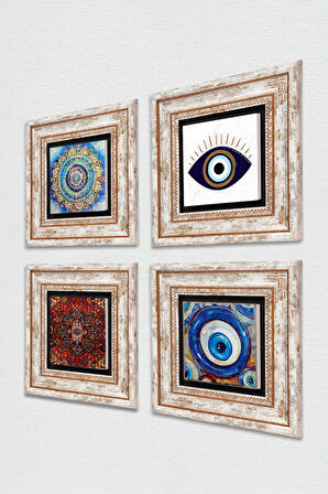 Nazar, Desen, Mandala Taş Duvar Tablosu Çerçeveli Duvar Dekoru 4 Parça Tablo Seti Wall Art