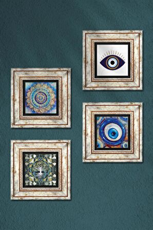 Nazar, Hayat Ağacı, Mandala Taş Duvar Tablosu Çerçeveli Duvar Dekoru 4 Parça Tablo Seti Wall Art