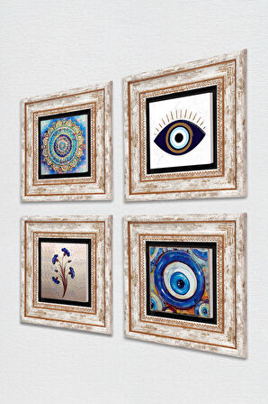 Nazar, Ebru Sanatı, Mandala Taş Duvar Tablosu Çerçeveli Duvar Dekoru 4 Parça Tablo Seti Wall Art