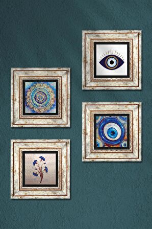 Nazar, Ebru Sanatı, Mandala Taş Duvar Tablosu Çerçeveli Duvar Dekoru 4 Parça Tablo Seti Wall Art