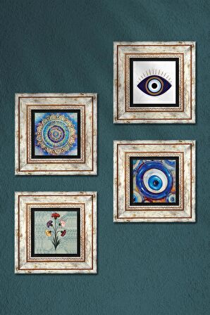 Nazar, Ebru Sanatı, Mandala Taş Duvar Tablosu Çerçeveli Duvar Dekoru 4 Parça Tablo Seti Wall Art