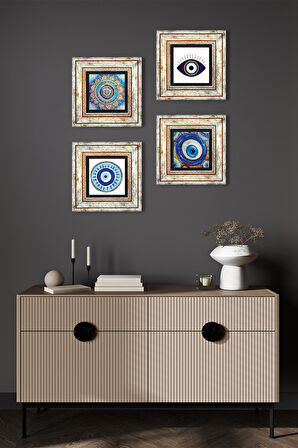 Nazar, Mandala Taş Duvar Tablosu Çerçeveli Duvar Dekoru 4 Parça Tablo Seti Wall Art