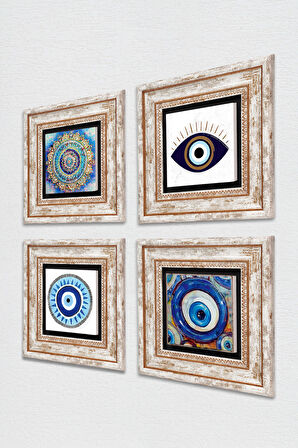 Nazar, Mandala Taş Duvar Tablosu Çerçeveli Duvar Dekoru 4 Parça Tablo Seti Wall Art