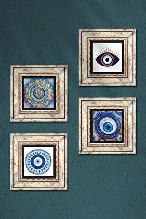 Nazar, Mandala Taş Duvar Tablosu Çerçeveli Duvar Dekoru 4 Parça Tablo Seti Wall Art