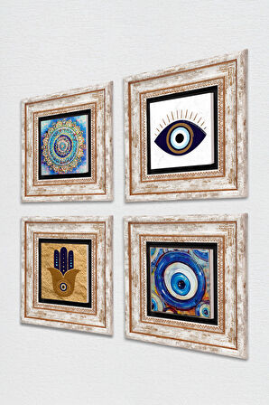 Fatma Ana Eli (Hamsa), Nazar, Mandala Taş Duvar Tablosu Çerçeveli Duvar Dekoru 4 Parça Tablo Seti Wall Art