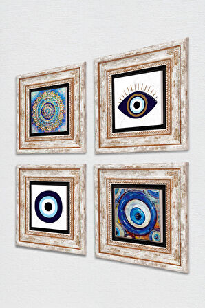 Nazar, Mandala Taş Duvar Tablosu Çerçeveli Duvar Dekoru 4 Parça Tablo Seti Wall Art