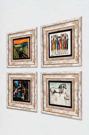 Da Vinci At Heykeli, Kayalıklar Bakiresi, Çığlık, Yerli Kadınlar Taş Duvar Tablosu Çerçeveli Duvar Dekoru 4 Parça Tablo Seti Wall Art