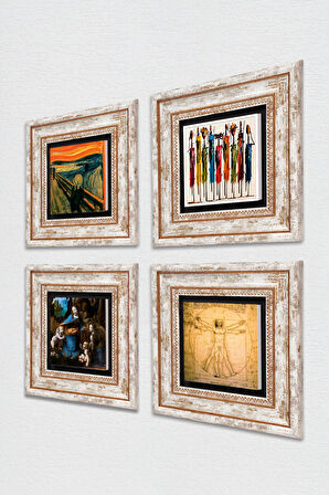 Leonardo da Vinci, Çığlık, Yerli Kadınlar Taş Duvar Tablosu Çerçeveli Duvar Dekoru 4 Parça Tablo Seti Wall Art