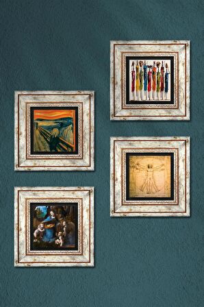 Leonardo da Vinci, Çığlık, Yerli Kadınlar Taş Duvar Tablosu Çerçeveli Duvar Dekoru 4 Parça Tablo Seti Wall Art