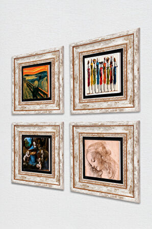 Leonardo da Vinci, Çığlık, Yerli Kadınlar Taş Duvar Tablosu Çerçeveli Duvar Dekoru 4 Parça Tablo Seti Wall Art