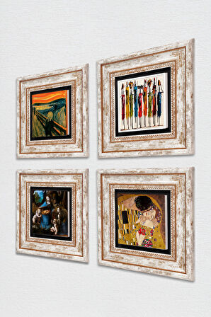 Leonardo da Vinci, Çığlık, Yerli Kadınlar, Gustav Klimt Taş Duvar Tablosu Çerçeveli Duvar Dekoru 4 Parça Tablo Seti Wall Art