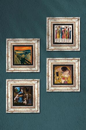 Leonardo da Vinci, Çığlık, Yerli Kadınlar, Gustav Klimt Taş Duvar Tablosu Çerçeveli Duvar Dekoru 4 Parça Tablo Seti Wall Art