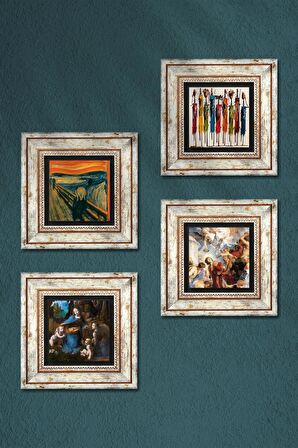 Leonardo da Vinci, Çığlık, Yerli Kadınlar, Aziz Stephen Üçlemesi Taş Duvar Tablosu Çerçeveli Duvar Dekoru 4 Parça Tablo Seti Wall Art