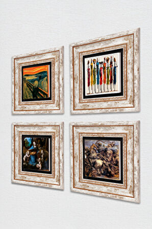 Leonardo da Vinci, Çığlık, Yerli Kadınlar, Anghiari Savaşı Taş Duvar Tablosu Çerçeveli Duvar Dekoru 4 Parça Tablo Seti Wall Art