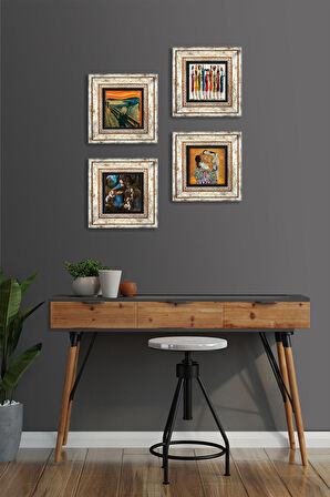 Leonardo da Vinci, Çığlık, Yerli Kadınlar, Gustav Klimt Taş Duvar Tablosu Çerçeveli Duvar Dekoru 4 Parça Tablo Seti Wall Art
