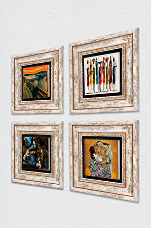 Leonardo da Vinci, Çığlık, Yerli Kadınlar, Gustav Klimt Taş Duvar Tablosu Çerçeveli Duvar Dekoru 4 Parça Tablo Seti Wall Art