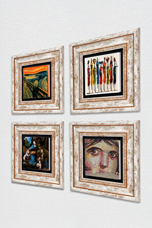 Leonardo da Vinci, Çığlık, Yerli Kadınlar, Çingene Kızı Mozaiği Taş Duvar Tablosu Çerçeveli Duvar Dekoru 4 Parça Tablo Seti Wall Art