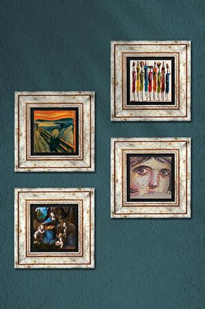 Leonardo da Vinci, Çığlık, Yerli Kadınlar, Çingene Kızı Mozaiği Taş Duvar Tablosu Çerçeveli Duvar Dekoru 4 Parça Tablo Seti Wall Art