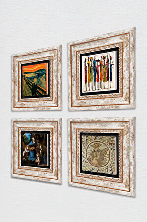 Leonardo da Vinci, Çığlık, Yerli Kadınlar, Mozaik Taş Duvar Tablosu Çerçeveli Duvar Dekoru 4 Parça Tablo Seti Wall Art