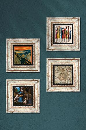 Leonardo da Vinci, Çığlık, Yerli Kadınlar, Mozaik Taş Duvar Tablosu Çerçeveli Duvar Dekoru 4 Parça Tablo Seti Wall Art