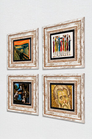 Leonardo da Vinci, Çığlık, Yerli Kadınlar, Mozaik Taş Duvar Tablosu Çerçeveli Duvar Dekoru 4 Parça Tablo Seti Wall Art