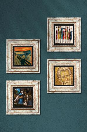 Leonardo da Vinci, Çığlık, Yerli Kadınlar, Mozaik Taş Duvar Tablosu Çerçeveli Duvar Dekoru 4 Parça Tablo Seti Wall Art