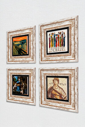 Leonardo da Vinci, Çığlık, Yerli Kadınlar, Soteria Mozaiği Taş Duvar Tablosu Çerçeveli Duvar Dekoru 4 Parça Tablo Seti Wall Art