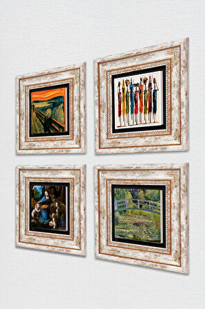 Leonardo da Vinci, Çığlık, Yerli Kadınlar, Claude Monet Taş Duvar Tablosu Çerçeveli Duvar Dekoru 4 Parça Tablo Seti Wall Art