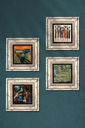 Leonardo da Vinci, Çığlık, Yerli Kadınlar, Claude Monet Taş Duvar Tablosu Çerçeveli Duvar Dekoru 4 Parça Tablo Seti Wall Art