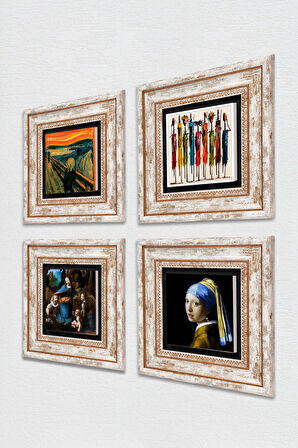 Leonardo da Vinci, Çığlık, Yerli Kadınlar, İnci Küpeli Kız Taş Duvar Tablosu Çerçeveli Duvar Dekoru 4 Parça Tablo Seti Wall Art