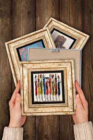 Leonardo da Vinci, Çığlık, Yerli Kadınlar, İnci Küpeli Kız Taş Duvar Tablosu Çerçeveli Duvar Dekoru 4 Parça Tablo Seti Wall Art