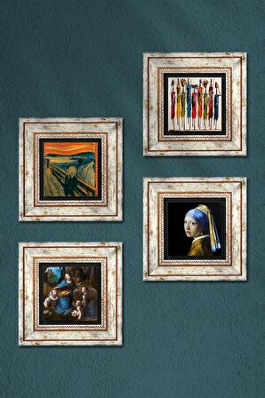 Leonardo da Vinci, Çığlık, Yerli Kadınlar, İnci Küpeli Kız Taş Duvar Tablosu Çerçeveli Duvar Dekoru 4 Parça Tablo Seti Wall Art