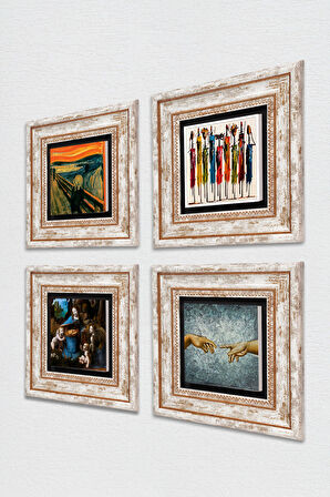 Leonardo da Vinci, Michelangelo, Çığlık, Yerli Kadınlar Taş Duvar Tablosu Çerçeveli Duvar Dekoru 4 Parça Tablo Seti Wall Art