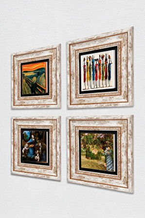 Leonardo da Vinci, Claude Monet, Çığlık, Yerli Kadınlar Taş Duvar Tablosu Çerçeveli Duvar Dekoru 4 Parça Tablo Seti Wall Art