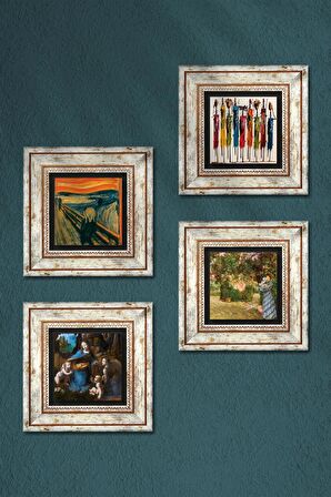 Leonardo da Vinci, Claude Monet, Çığlık, Yerli Kadınlar Taş Duvar Tablosu Çerçeveli Duvar Dekoru 4 Parça Tablo Seti Wall Art