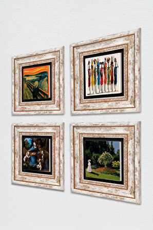 Leonardo da Vinci, Claude Monet, Çığlık, Yerli Kadınlar Taş Duvar Tablosu Çerçeveli Duvar Dekoru 4 Parça Tablo Seti Wall Art