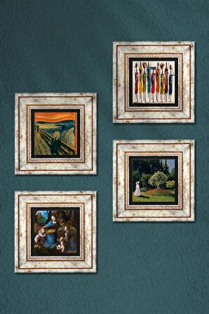 Leonardo da Vinci, Claude Monet, Çığlık, Yerli Kadınlar Taş Duvar Tablosu Çerçeveli Duvar Dekoru 4 Parça Tablo Seti Wall Art