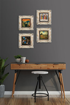 Leonardo da Vinci, Claude Monet, Çığlık, Yerli Kadınlar Taş Duvar Tablosu Çerçeveli Duvar Dekoru 4 Parça Tablo Seti Wall Art