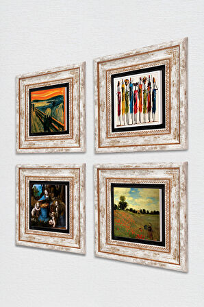 Leonardo da Vinci, Claude Monet, Çığlık, Yerli Kadınlar Taş Duvar Tablosu Çerçeveli Duvar Dekoru 4 Parça Tablo Seti Wall Art