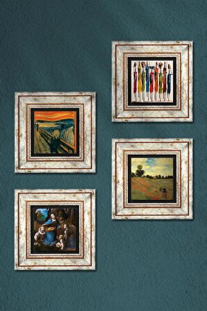Leonardo da Vinci, Claude Monet, Çığlık, Yerli Kadınlar Taş Duvar Tablosu Çerçeveli Duvar Dekoru 4 Parça Tablo Seti Wall Art