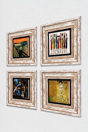 Gustav Klimt, Leonardo da Vinci, Çığlık, Yerli Kadınlar Taş Duvar Tablosu Çerçeveli Duvar Dekoru 4 Parça Tablo Seti Wall Art