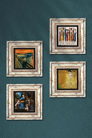 Gustav Klimt, Leonardo da Vinci, Çığlık, Yerli Kadınlar Taş Duvar Tablosu Çerçeveli Duvar Dekoru 4 Parça Tablo Seti Wall Art