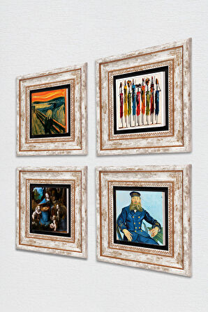 Van Gogh, Leonardo da Vinci, Çığlık, Yerli Kadınlar Taş Duvar Tablosu Çerçeveli Duvar Dekoru 4 Parça Tablo Seti Wall Art