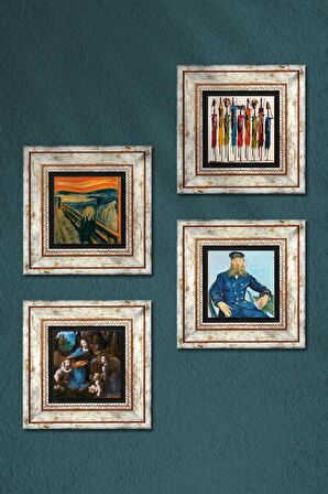 Van Gogh, Leonardo da Vinci, Çığlık, Yerli Kadınlar Taş Duvar Tablosu Çerçeveli Duvar Dekoru 4 Parça Tablo Seti Wall Art