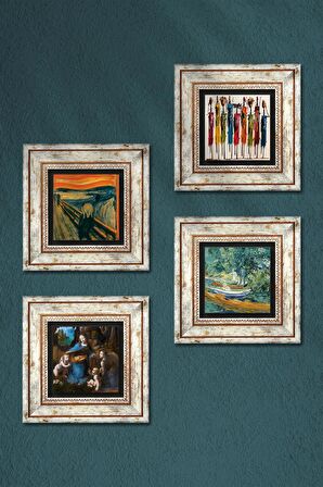 Van Gogh, Leonardo da Vinci, Çığlık, Yerli Kadınlar Taş Duvar Tablosu Çerçeveli Duvar Dekoru 4 Parça Tablo Seti Wall Art
